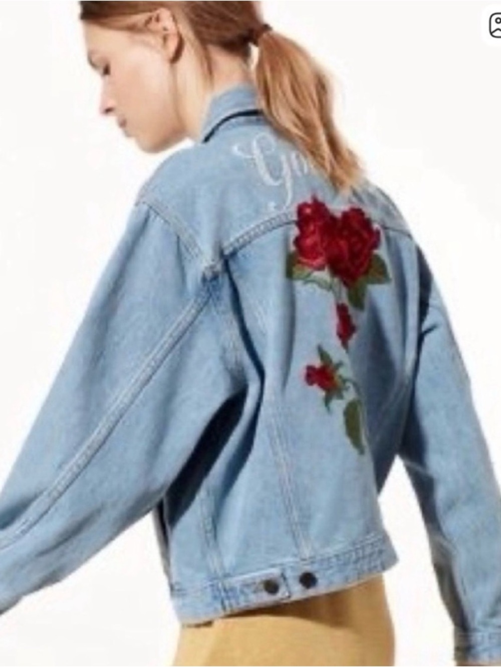 Light Blue Denim Jacket with Red Rose Embroidery - Women